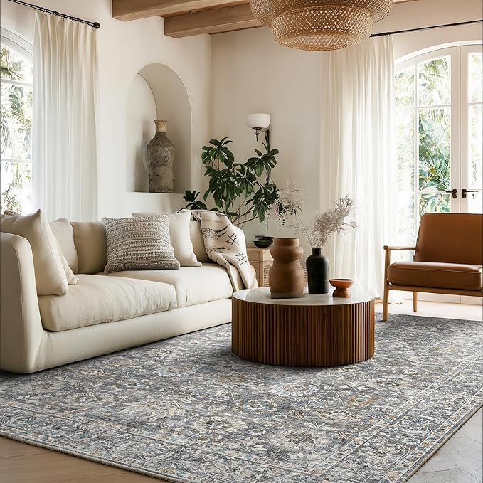 Washable Area Rugs 5'x7' Non-Slip Vintage Boho Distressed Fade Resistant Low Pile Carpet for High-Traffic Living Room, Bedroom & Dining Room