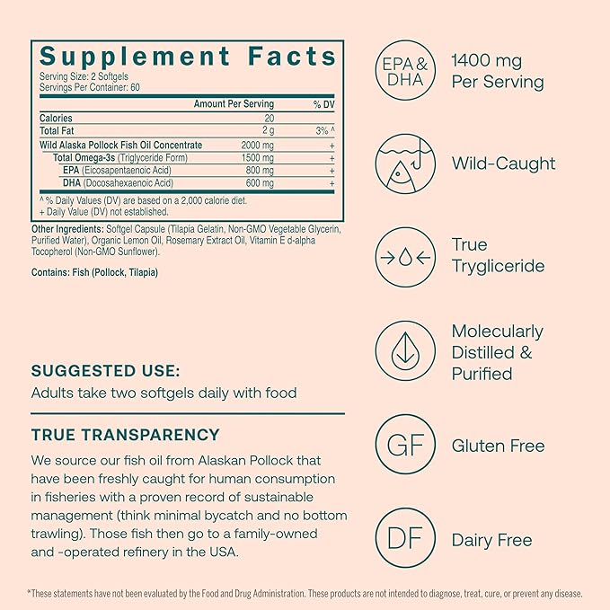 True Grace Omega-3 Fish Oil - 120 Softgels - 1400 mg EPA + DHA - Brain, Heart, Joint & Immune Health - Organic, Gluten Free, Soy Free