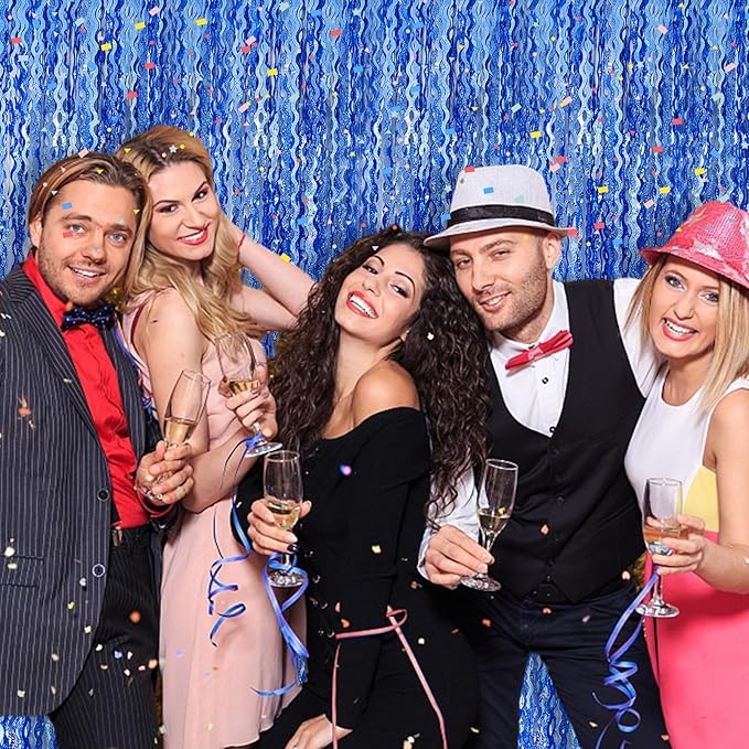Blue Tinsel Foil Fringe Curtains Wavy Backdrop for Parties Sparkle Metallic Wavy Foil Fringe Backdrop Curtain for Party Decorations Photo Booth Props Birthday Graduation Wedding