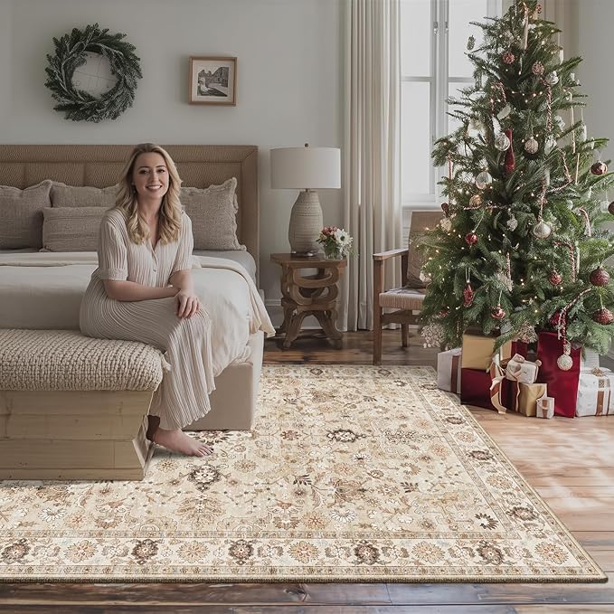 6x9 Washable Rug Vintage Fade Resistant Boho Distressed Non-Slip Indoor Large Carpet Low Pile Lightweight & High-Traffic Safe for Bedroom, Dorm, Playroom - Farmhouse Decor