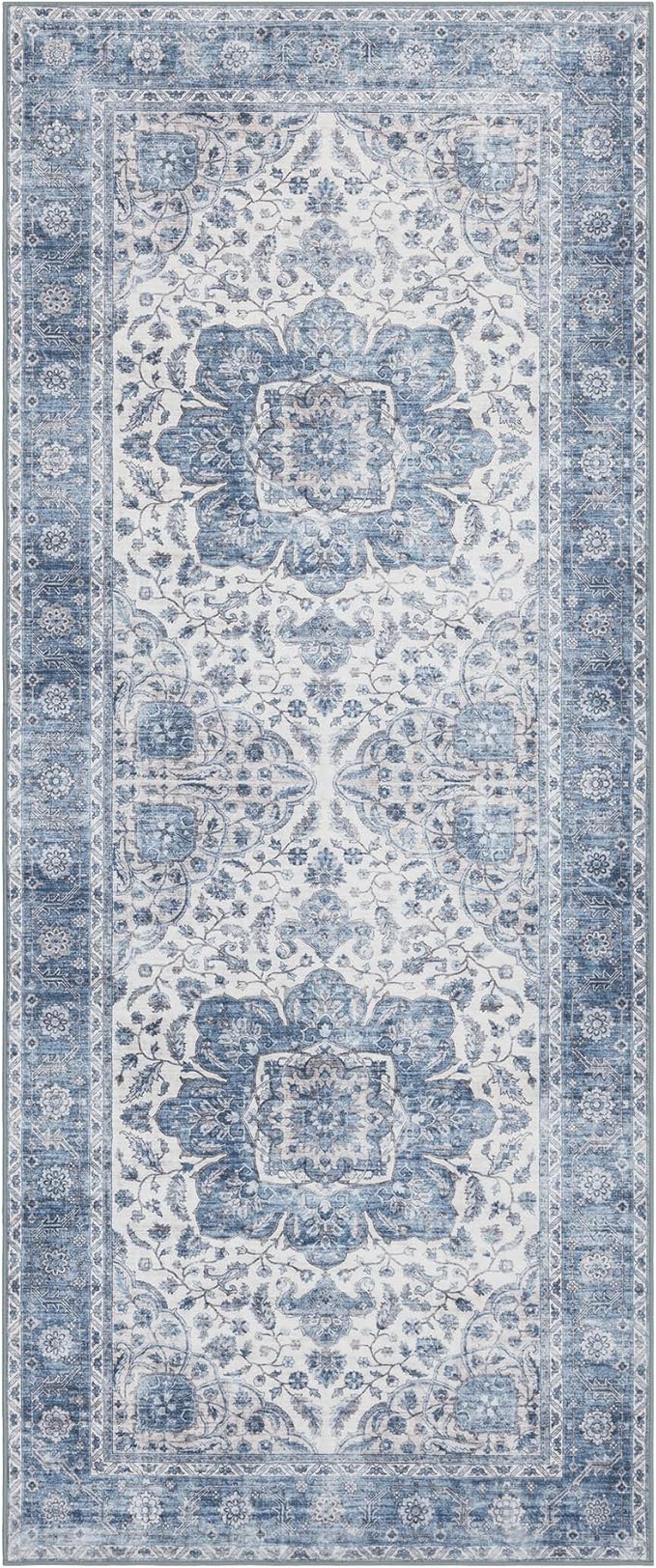 ReaLife Rugs Machine Washable Area Rug Runner - Living Room Bedroom Bathroom Kitchen Entryway Office - Padded Low Pile Stain Resistant Premium - Boho Farmhouse Vintage - Joy - Blue Ivory 2'6" x 8'