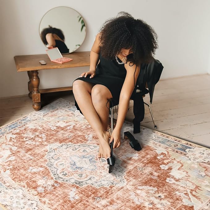 MUJOO 5'x7' Machine Washable Area Rugs for Living Room, Boho, Bedroom Laundry Room Kitchen Non Slip Carpet Abstract Soft Low-Pile Orange Navy Blue Floral.