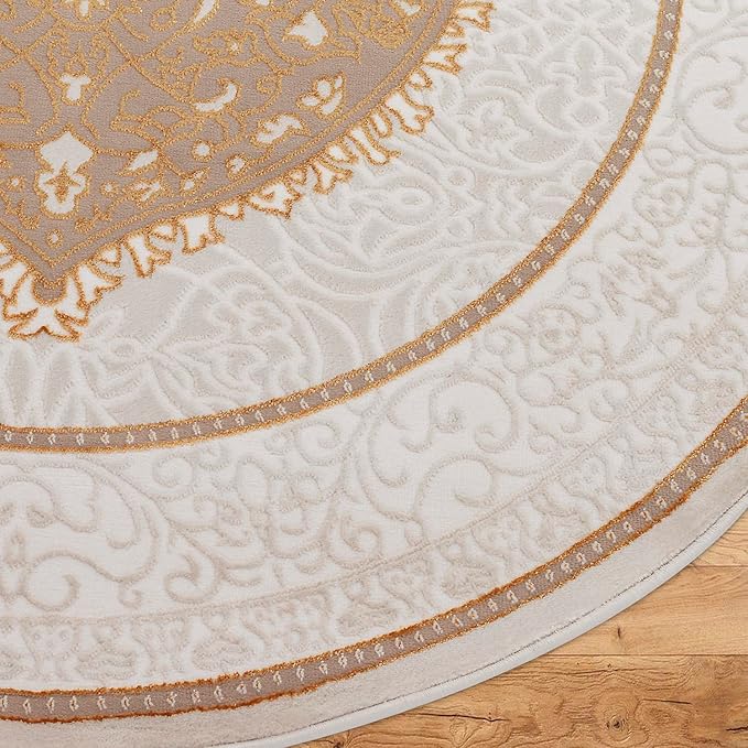 Antep Rugs Babil Gold 5x5 Oriental Bordered High Low Textured Traditional Indoor Area Rug, Beige Gold, 5'3" Round