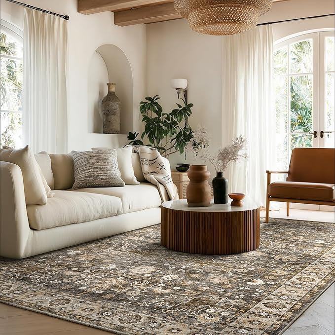 Washable Area Rugs 5'x7' Non-Slip Vintage Boho Distressed Fade Resistant Low Pile Carpet for High-Traffic Living Room, Bedroom & Dining Room
