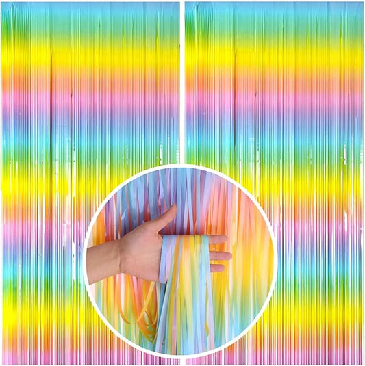 Pastel Rainbow Foil Fringe Curtain Streamers Party Backdrop Foil Fringe Backdrop Curtains Tinsel Streamers for Birthday Party Easter Decorations