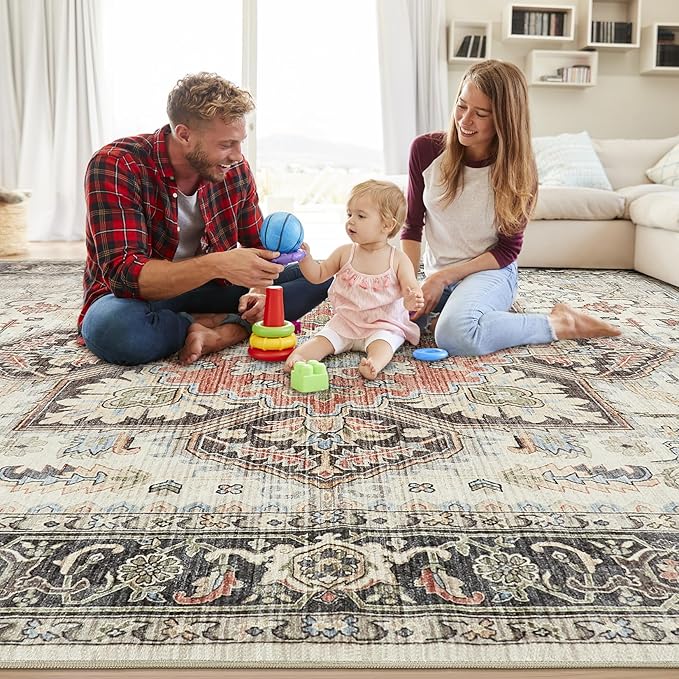 Area Rug for Living Room - 8x10 Soft Machine Washable Oriental Vintage Floral Distressed Large Indoor Floor Carpet for Bedroom Under Dining Table Home Office Decor - Multi Cream