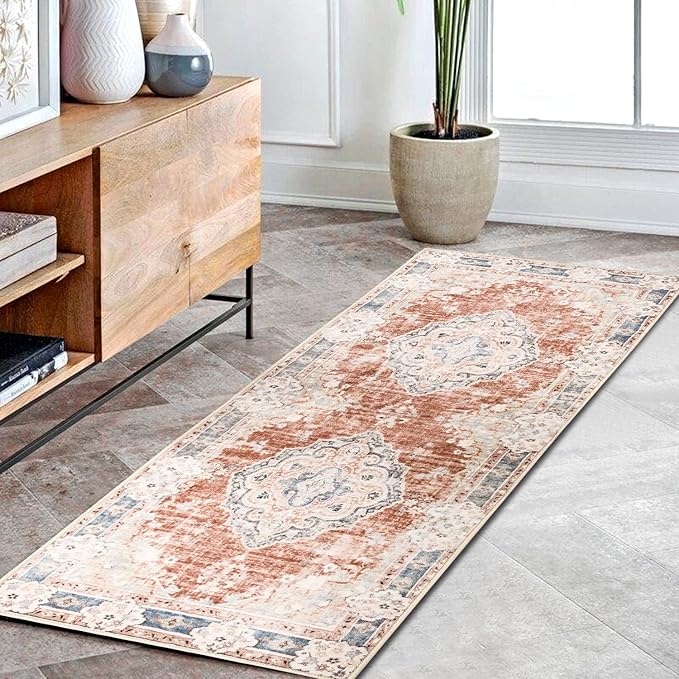 MUJOO Hallway Runner Rug Machine Washable 2'x6 ' Non Slip Boho Runner Rugs for Hallways Entryway Kitchen Bathroom Bedside Retro Soft Low-Pile Orange Navy Blue Flowers