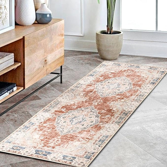 MUJOO Hallway Runner Rug Machine Washable 2'x6 ' Non Slip Boho Runner Rugs for Hallways Entryway Kitchen Bathroom Bedside Retro Soft Low-Pile Orange Navy Blue Flowers