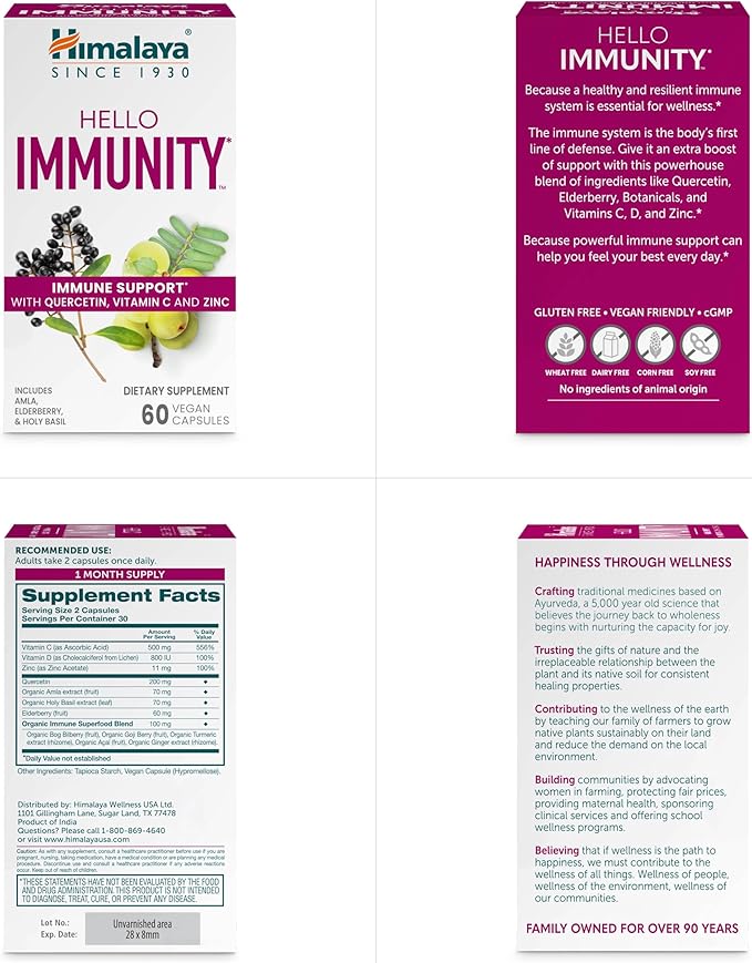 Himalaya Hello Immunity with Quercetin, 60 Day Supply - Herbal Immune Support Supplement, Bioflavonoid and Antioxidant for Immunity and Daily Wellness - Vegan, Non-GMO, Gluten Free, 500 mg, 60 Caplets