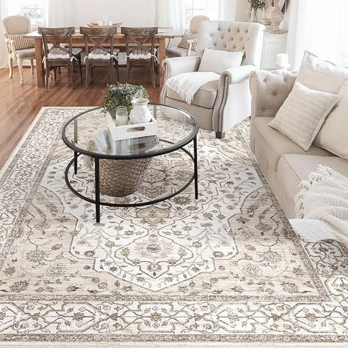 8'x10' Machine Washable Vintage Design Area Rug - Non Slip, Stain Resistant for Home, Office, Machine Washable Area Rugs 8x10,Area Rugs for Living Room (Beige Cream 8x10)…
