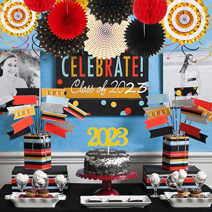 Red Black-Gold Casino Theme Party-Decorations - 33pcs Kits Game Night Graduation Banner, StreamersTassel Garland,Tissue Pom Poms Honeycomb, Paper Lantern Fans,Wedding Birthday Baby Shower Decor Hugtmr