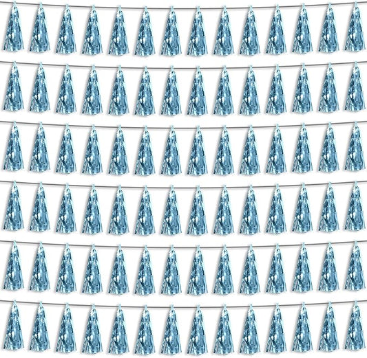 6P Light Blue Foil Fringe Metallic Tassel Streamers Banner Tassel Garland for Parade Floats, Bachelorette, Wedding, Birthday, Graduation, Christmas, Bridal/Baby Shower Party Decorations