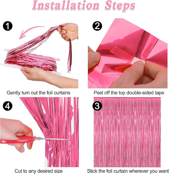 12 Pack Pink Backdrop, 3.28 FT x 7.05 FT Foil Fringe Curtains, Metallic Pink Tinsel Curtain Party Streamer Birthday Backdrop for Girl, Valentines Day Decorations Bachelorette Party Supplies