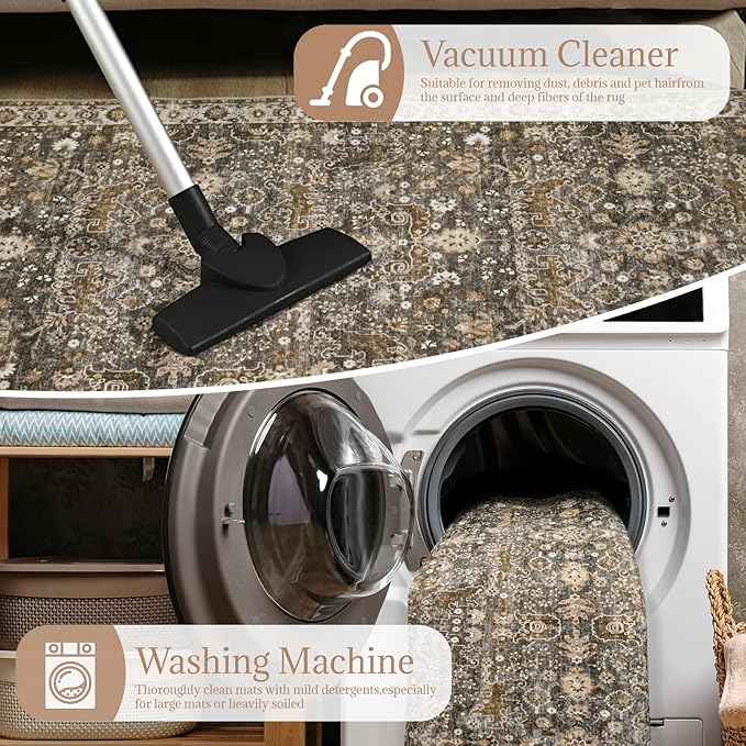 2'x6' Washable Runner Rug Utral Soft Lightweight Vintage Boho Distressed Non-Slip Backing,Low Pile Stain Resistant Farmhouse Rug for High-Traffic Hallway, Kitchen & Laundry