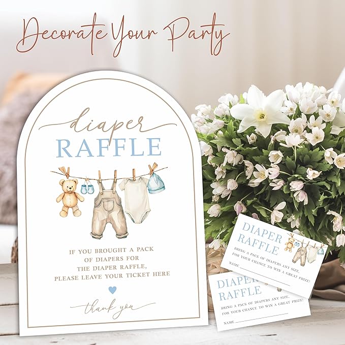 Diaper Raffle Game Kit with Arched Display Board & Stand - Blue Baby Clothes, 7x10 Inch Gender Neutral Baby Shower Sign with 50 Tickets, Natural Theme Decor (B07)