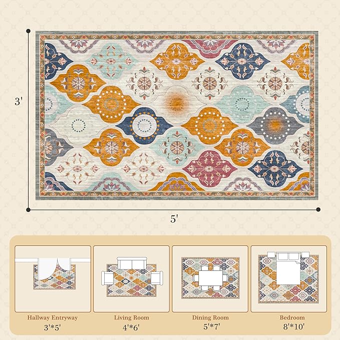 EnHomee Area Rugs 3x5, Soft Washable Rugs for Living Room Bedroom, Boho Non Slip Low Pile Stain Resistant Washable Rug Large Carpet for Dining Room,Easy to Clean Living Room Rug, Colorful