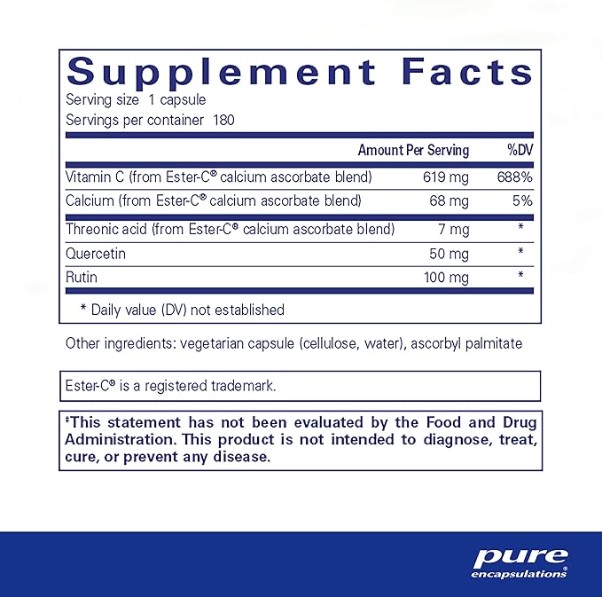 Pure Encapsulations Ester-C & Flavonoids - Vitamin C Supplement for Antioxidants - Immune & Vascular Support* with Calcium & Rutin - Gentle on Digestion - Vegan & Non-GMO - 180 Capsules