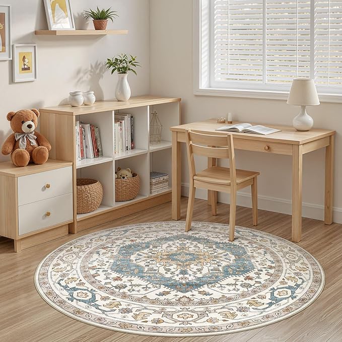 Area Rug for Living Room - 5x5 Soft Washable Oriental Vintage Floral Distressed Large Carpet - Fade Stain Resistant Non Slip Rugs for Bedroom Dining Room Nursery Dorm Office Home Decor - Blue/Beige