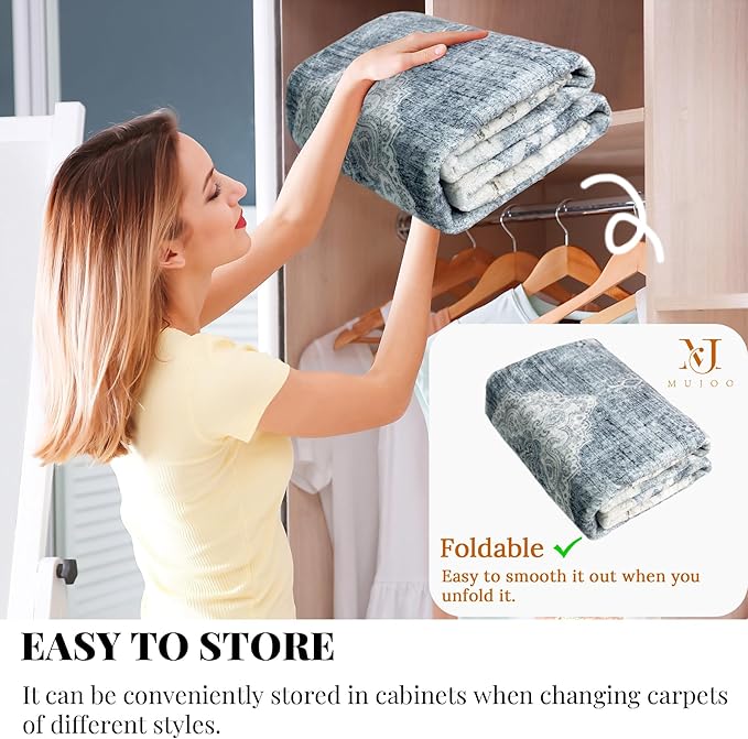 MUJOO Hallway Runner Rug Machine Washable Runner Rugs Non Slip Boho Blue Grey Runner Rug for Hallways Entryway Kitchen Bathroom Bedside Retro Soft Low-Pile 2'x6' Blossom