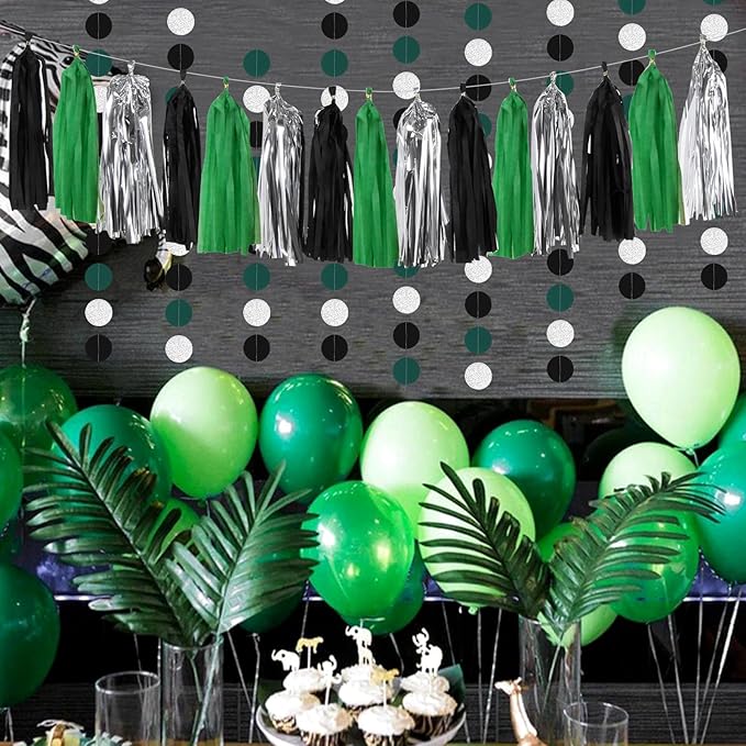 Black Green Silver Football Party-Decorations - 33pcs Banner,Soccer Graduation Streamers Tassel Garland,Tissue Pom Poms Honeycomb,Paper Lantern Fans,Men Boys Birthday Spring Summer Jungle Decor Hugtmr