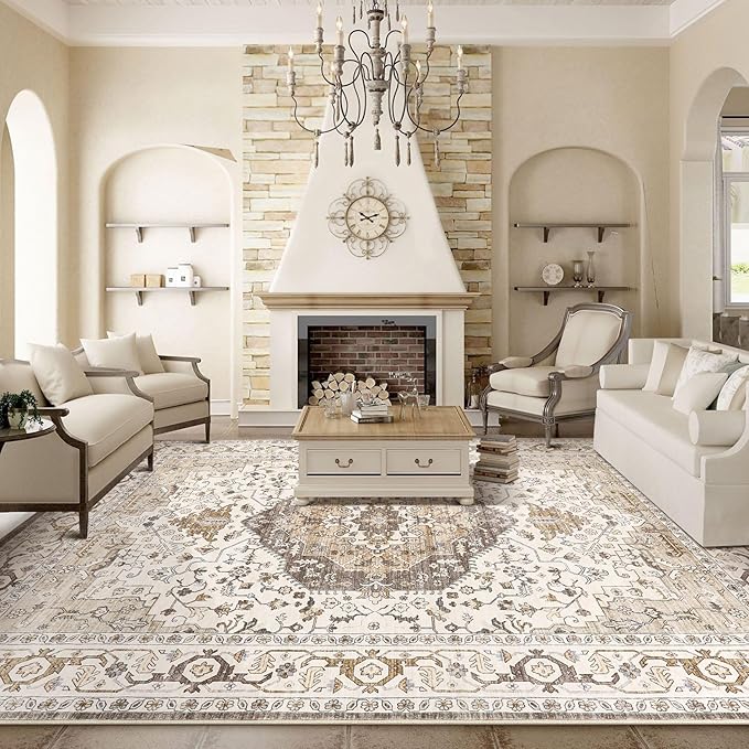 Area Rug for Living Room - 10x14 Soft Washable Oriental Vintage Floral Distressed Large Carpet - Fade Stain Resistant Non Slip Rugs for Bedroom Dining Room Nursery Dorm Office Home Decor-Camel/Beige