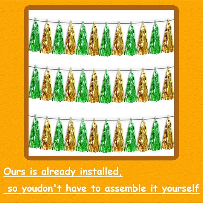 3P Sage-Green Gold Metallic Fringe Tassel Banner Garland Foil Tinsel Streamer Wall Hanging Curtain Backdrop Banners for Parade Floats, Graduation Decorations, Woodland Party Decoration