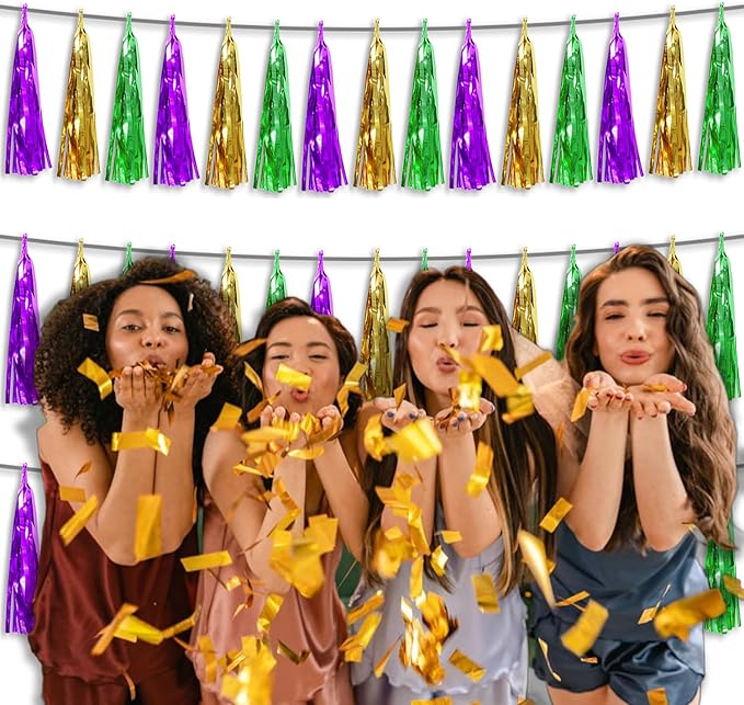 3P Metallic Fringe Tassel Banner Garland Foil Tinsel Streamer Wall Hanging Curtain Backdrop Banner for Parade Floats, Graduation, Carnival Mardi Gras Party Decorations(Gold Green Purple)