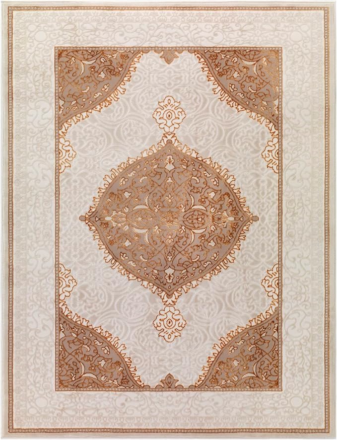 Antep Rugs Babil Gold 5x7 Oriental Bordered High Low Textured Traditional Indoor Area Rug, Beige Gold, 5'3" x 7'