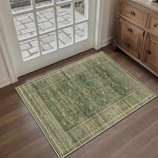 HelloTree 2x3 Entryway Rug Washable Vintage Print Door Mat Kitchen Rugs for Front Door Bedroom Living Room Entrance Small Soft Traditional Distressed Carpet Folable for Room Bedside-Green