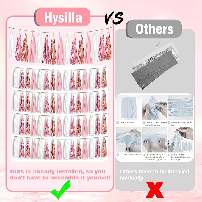 3P Pink White Peach Rose Gold Tassels Foil Fringe Metallic Garland Banner, Tassels Banner Streamers for Parade Floats, Bachelorette, Wedding, Birthday, Christmas, Bridal/Baby Shower Party Decorations