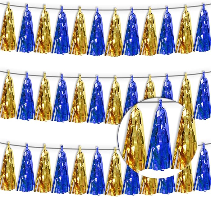 3PNavy-Blue Gold Metallic Fringe Tassel Banner Garland Foil Tinsel Streamer Wall Hanging Curtain Backdrop Banners for Parade Floats Birthday Graduation Christmas Bridal/Baby Shower Party Decorations