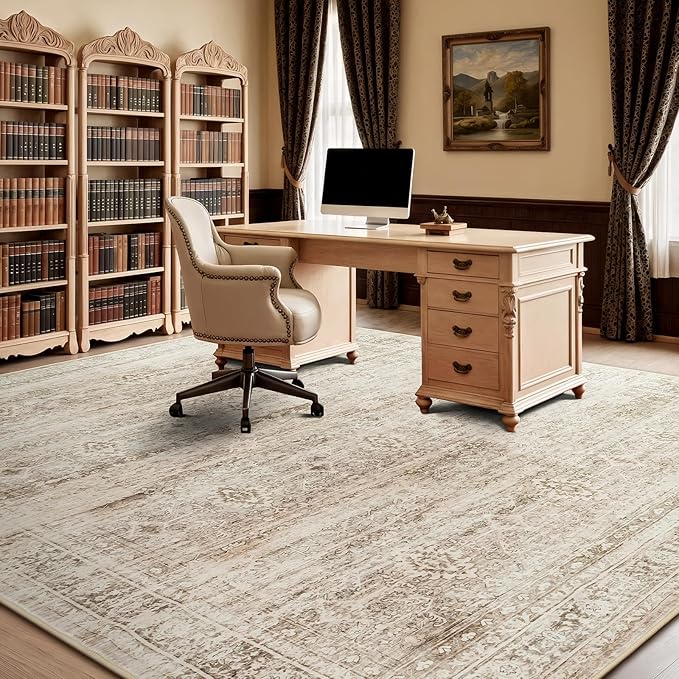 Lofus 9x12 Area Rug for Living Room,Beige Washable Large Rugs with Non-Slip Backing,Soft Neutral Carpets for Bedroom Dining Room Home Office Indoor Nursery