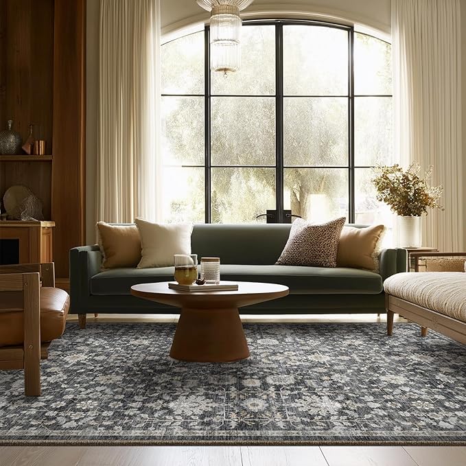 6x9 Washable Rug Vintage Fade Resistant Boho Distressed Non-Slip Indoor Large Carpet Low Pile Lightweight & High-Traffic Safe for Bedroom, Dorm, Playroom - Farmhouse Decor