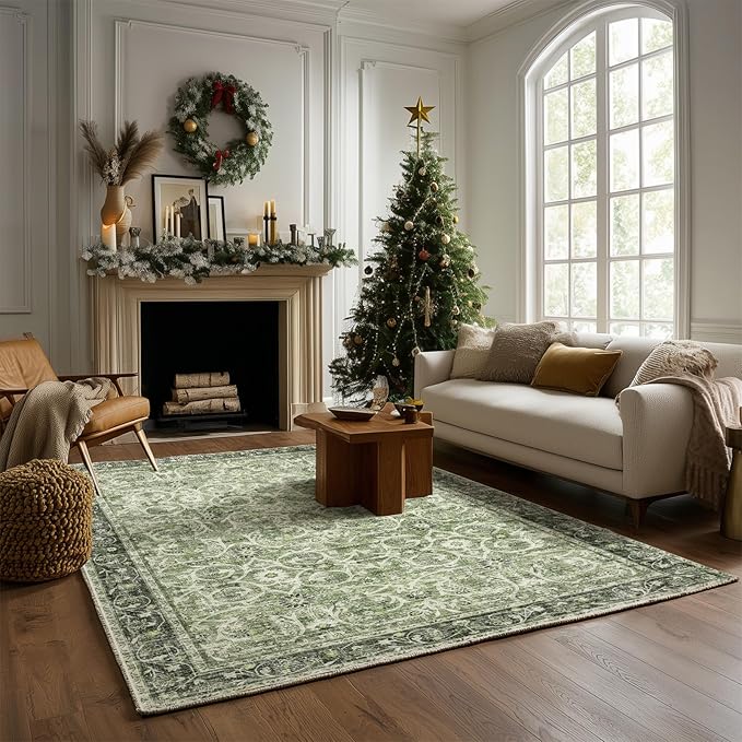Washable Area Rugs 5'x7' Non-Slip Vintage Boho Distressed Fade Resistant Low Pile Carpet for High-Traffic Living Room, Bedroom & Dining Room