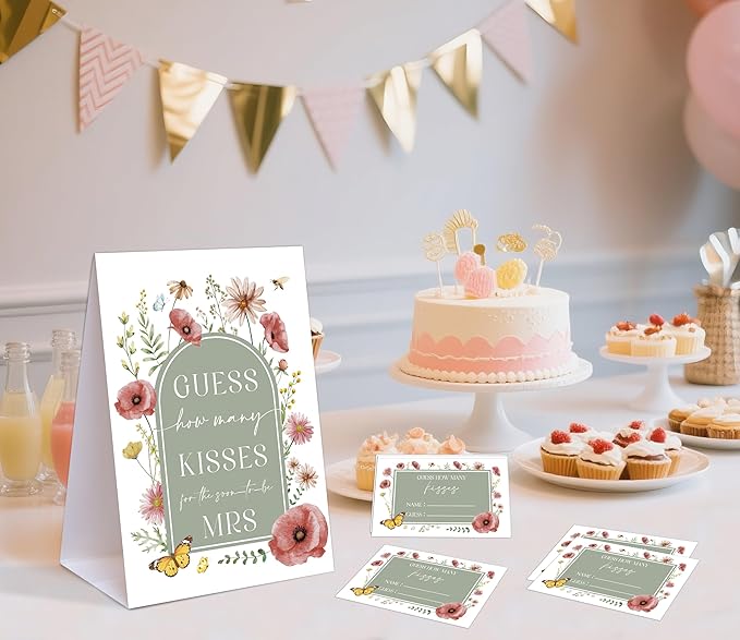 Sage Green Floral How Many Kisses for the Soon to Be Mrs, 1 Tabletop Sign and 50 Cards, How Many Kisses Bridal Shower Game for Bachelorette Night Wedding Event & Party Supplies