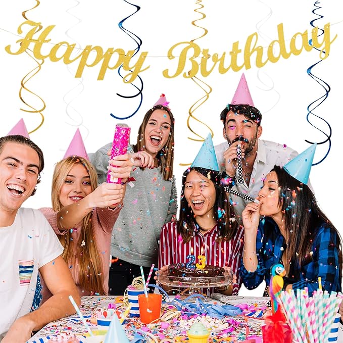 Navy-Blue White Gold Birthday Party-decorations - 21pcs Men Boys Adult Happy Banner Garland, Royal Paper Streamers Lanterns,Flower Tissue Pom Poms Fan Supplies, Wall Backdrop Decor Huglony