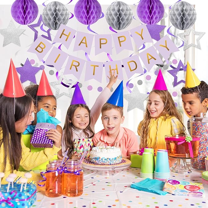 meowtastic Birthday Decorations, Happy Birthday Banner with Honeycomb Ball, Star Hanging Swirl Streamer, Circle Dot Garland, Happy Birthday Party Decoration for Women Men Boys Girls (Purple & Silver)