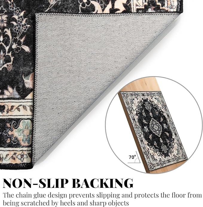 MUJOO Area Rugs 5'x7'Black,Boho Rug for Bedroom Living Room Dining Room, Large Machine Washable Non Slip Carpet Vintage Bohemian Distressed Farmhouse,Floral