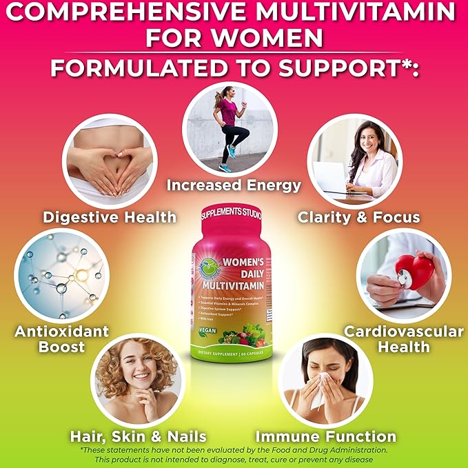 Women's Daily Multivitamin with Iron - Vegan Methylated Multivitamin for Women with Biotin, Organic Superfoods, Probiotics, B-Complex - Energy, Gut & Optimal Health Support – Easy to Swallow Capsules