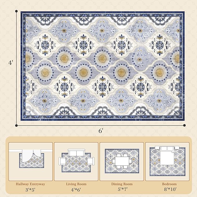 EnHomee Washable Area Rugs 4x6, Soft Area Rug for Living Room Bedroom, Boho Non Slip Low Pile Stain Resistant Washable Rug Large Carpet for Dining Room,Easy to Clean Living Room Rug, Blue