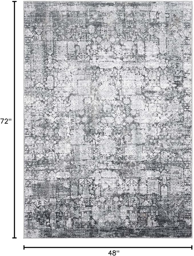 Area Rug 4×6, Vintage Boho Rug,Ultra-Soft Low Pile, Washable, Non Slip,Stain Resistant Printed Carpet for Living Room Bedrooms Playroom Office Kitchen, Dark Stone