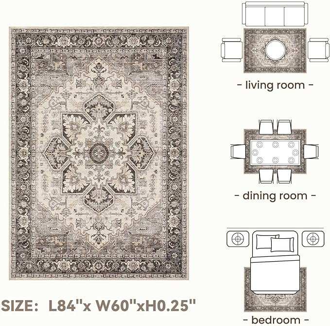Area Rug 5x7 for Living Room - Washable Oriental Vintage Floral Distressed Large Indoor Carpets with Non Slip Back for Bedroom Dining Room Nursery Office Home Decor - Grey Brown