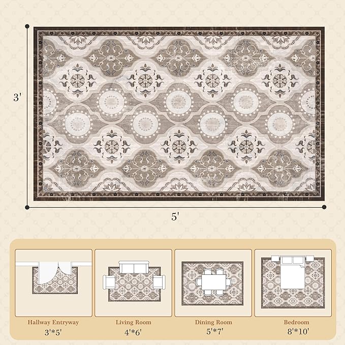 EnHomee Area Rugs 3x5, Soft Washable Rugs for Living Room Bedroom, Boho Non Slip Low Pile Stain Resistant Washable Rug Large Carpet for Dining Room,Easy to Clean Living Room Rug, Khaki