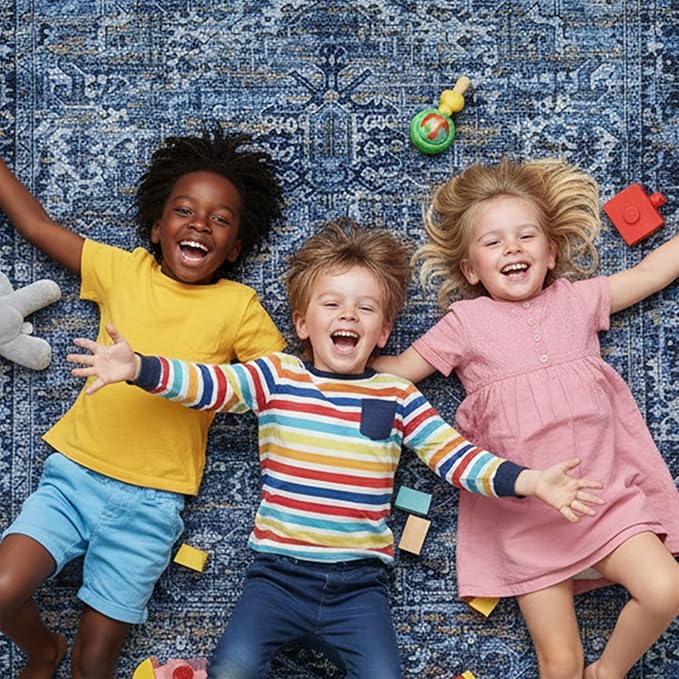 ReaLife Rugs Machine Washable Area Rug Runner - Living Room Bedroom Bathroom Kitchen Entryway Office - Padded Low Pile Stain Resistant Premium - Boho Vintage Traditional - Lyle - Blue 2'6" x 6'