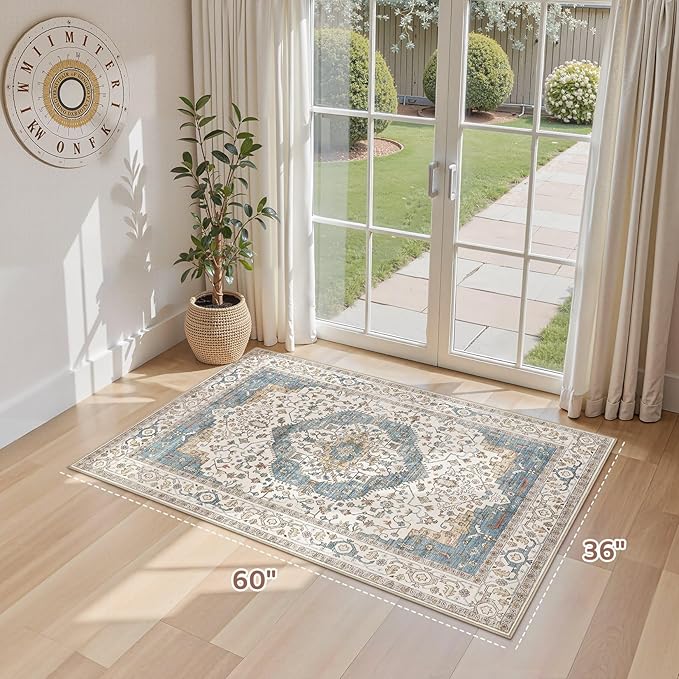 3x5 Washable Entryway Rug: Non-Slip Soft Vintage Floral Indoor Area Rug for Living Room Large Kitchen Entryway Bedroom Bedside, Door Mat Throw Carpet for Laundry Foyer Home Decor (Blue)