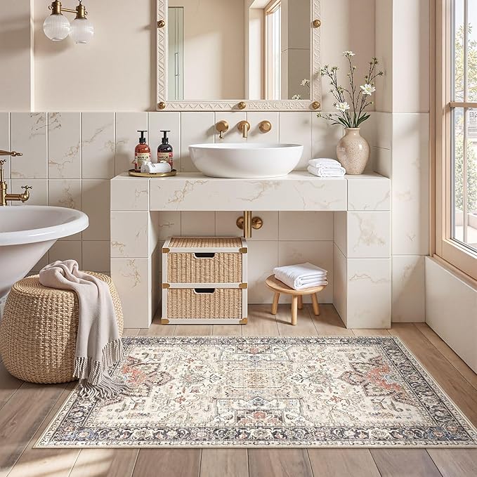 3x5 Washable Entryway Rug: Non-Slip Soft Vintage Floral Indoor Area Rug for Living Room Large Kitchen Entryway Bedroom Bedside, Door Mat Throw Carpet for Laundry Foyer Home Decor (Multi)