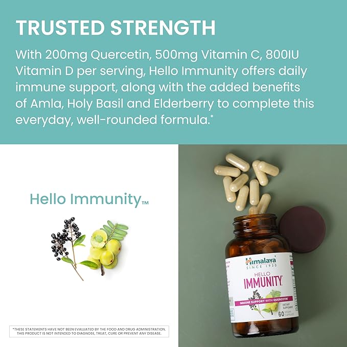 Himalaya Hello Immunity with Quercetin, 60 Day Supply - Herbal Immune Support Supplement, Bioflavonoid and Antioxidant for Immunity and Daily Wellness - Vegan, Non-GMO, Gluten Free, 500 mg, 60 Caplets