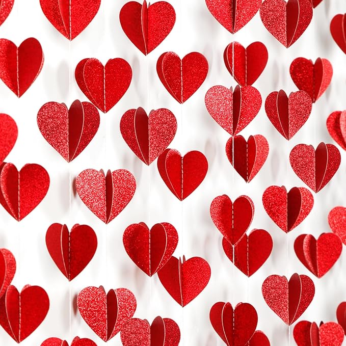 Party-Decorations Red Heart Garland - 39Ft 3D Special Night Galentines Hanging Paper Streamers Banner,Baby Girl Birthday Bachelorette Engagement Mohters Brunch Decor Ouruola