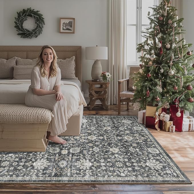 6x9 Washable Rug Vintage Fade Resistant Boho Distressed Non-Slip Indoor Large Carpet Low Pile Lightweight & High-Traffic Safe for Bedroom, Dorm, Playroom - Farmhouse Decor