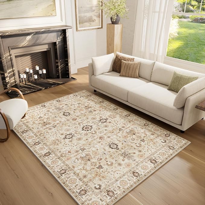 Washable Area Rugs 5'x7' Non-Slip Vintage Boho Distressed Fade Resistant Low Pile Carpet for High-Traffic Living Room, Bedroom & Dining Room